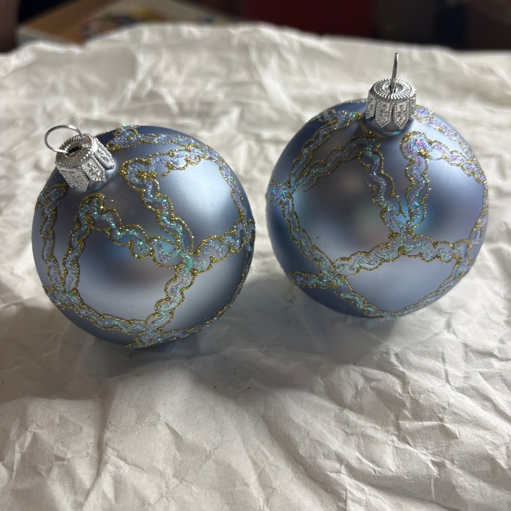 Crate&Barrel Christmas Ornaments Silverish Blue Glitter Trellis Set of 2